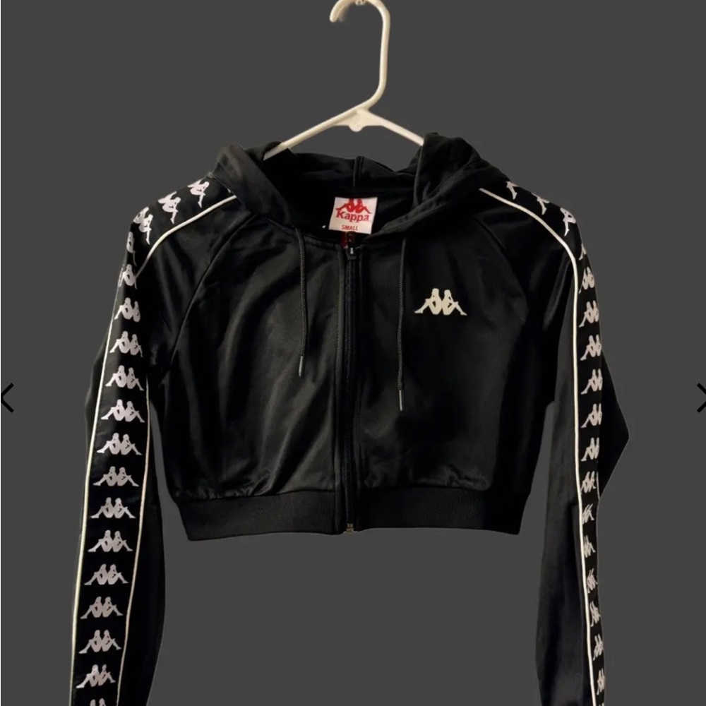 Kappa Black cropped Hoodie with White Logo Tape